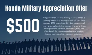 deal for Claim your $500 bonus toward buying or leasing a 2024 or newer model year Honda today! Don't miss out on this exclusive offer.
