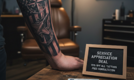 deal for Claim your exclusive 15% discount on any new tattoo at NAS Pensacola and enjoy a free 30-minute design consultation with our award-winning artists. Present your valid Military or Dependent ID when booking. Click 'Claim' now to get started!