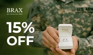 deal for Brax Jewelers honors service members with 15% off custom engagement rings, wedding bands, and fine jewelry. Show your military ID and claim your discount today!