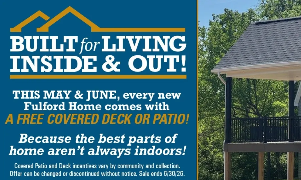 deal for Transform your outdoor space with a FREE covered deck or patio from Fulford Homes - Sullivan Meadows! Enjoy stylish, functional living right at home. Don’t miss out—click "Claim" now to upgrade your lifestyle with this amazing offer!