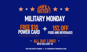 deal for Enjoy 15% off food and non-alcoholic drinks daily! Celebrate Military Monday with extra perks and free $10 for family members. Book your event with free area rentals and unlimited video games. Claim now!